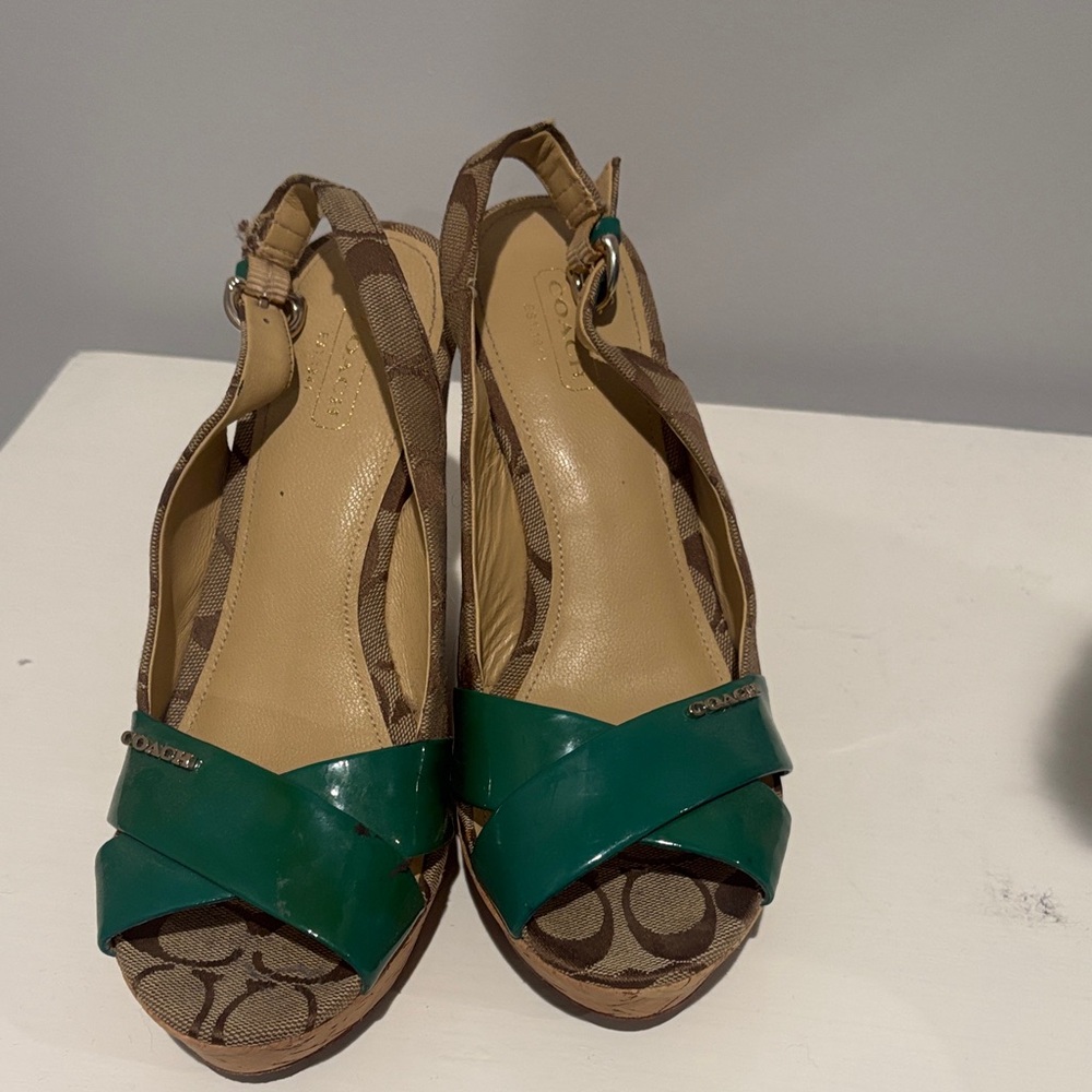 Coach Green and Brown Wedge Sandals - Picture 4 of 4